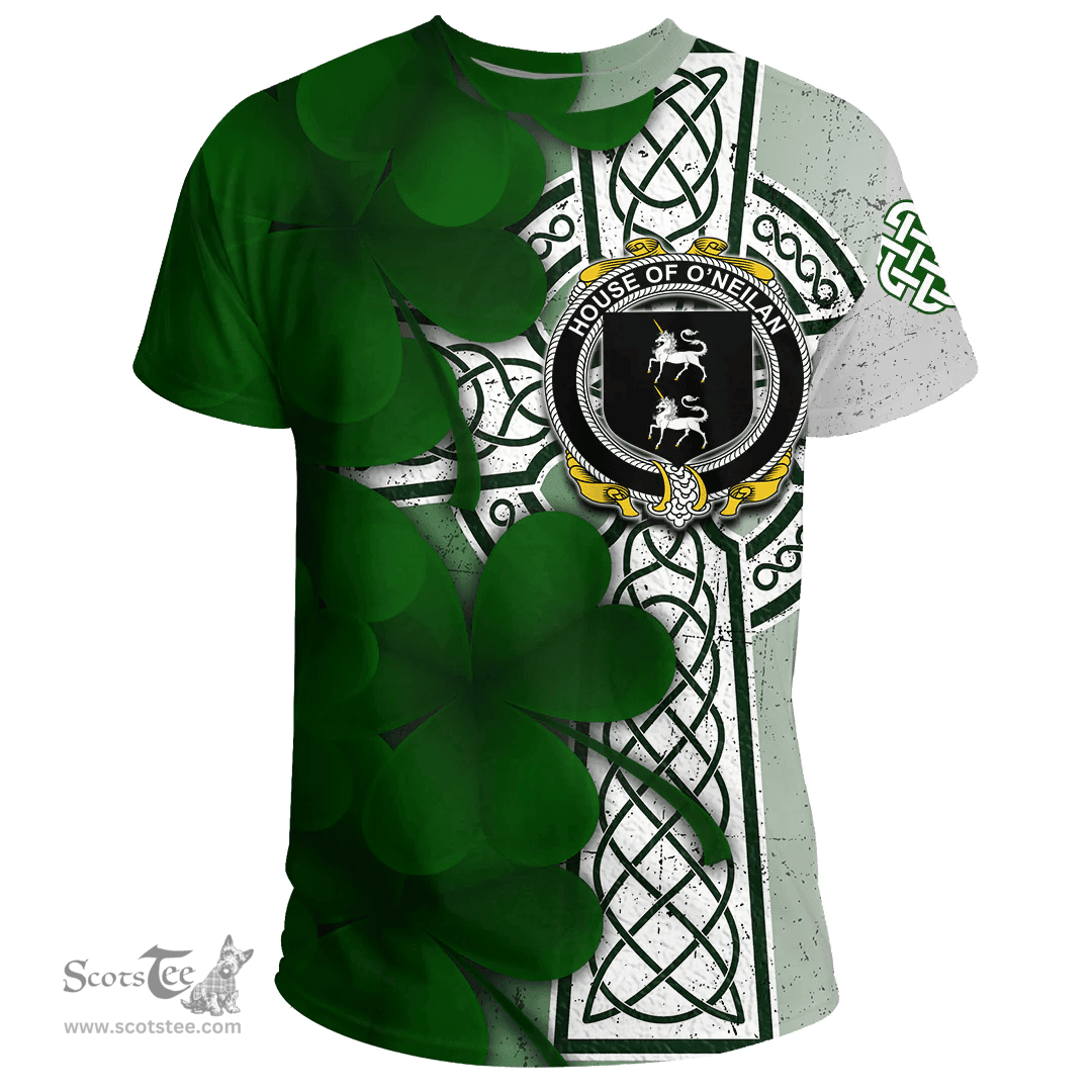 ScotsTee Shop Irish House of O NEILAN Coat of Arms Irish Family Crest T Shirt Irish Shamrock Celtic Cross T Shirt