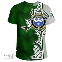 ScotsTee Shop Irish House of O SCANLAN (Munster) Coat of Arms Irish Family Crest T Shirt Irish Shamrock Celtic Cross T Shirt
