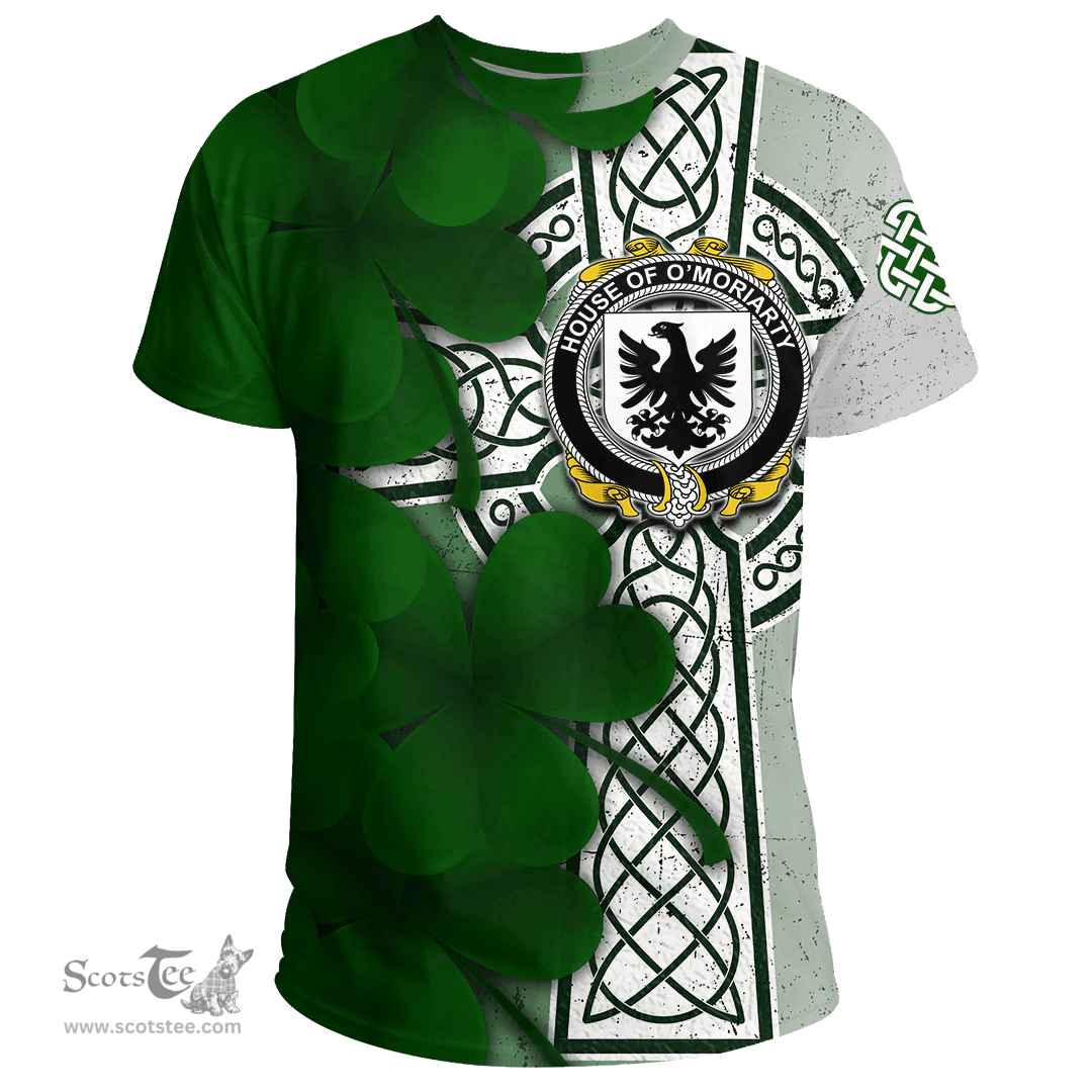 ScotsTee Shop Irish House of O MORIARTY Coat of Arms Irish Family Crest T Shirt Irish Shamrock Celtic Cross T Shirt