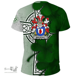 ScotsTee Shop Irish Mulrony or O Mulroney Coat of Arms Irish Family Crest T Shirt Irish Shamrock Celtic Cross T Shirt