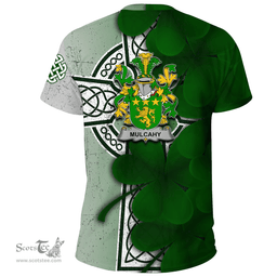 ScotsTee Shop Irish Mulcahy or O Mulcahy Coat of Arms Irish Family Crest T Shirt Irish Shamrock Celtic Cross T Shirt