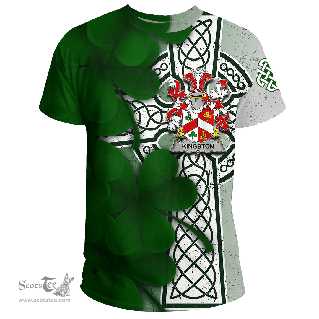ScotsTee Shop Irish Kingston Coat of Arms Irish Family Crest T Shirt Irish Shamrock Celtic Cross T Shirt