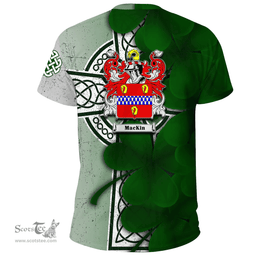 ScotsTee Shop Irish Mackin Coat of Arms Irish Family Crest T Shirt Irish Shamrock Celtic Cross T Shirt