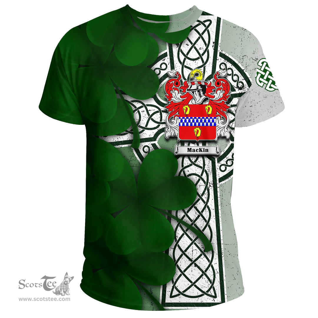 ScotsTee Shop Irish Mackin Coat of Arms Irish Family Crest T Shirt Irish Shamrock Celtic Cross T Shirt