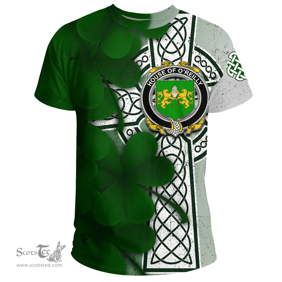 ScotsTee Shop Irish House of O REILLY Coat of Arms Irish Family Crest T Shirt Irish Shamrock Celtic Cross T Shirt