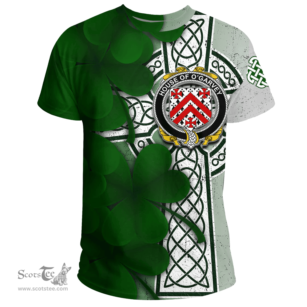 ScotsTee Shop Irish House of O GARVEY Coat of Arms Irish Family Crest T Shirt Irish Shamrock Celtic Cross T Shirt