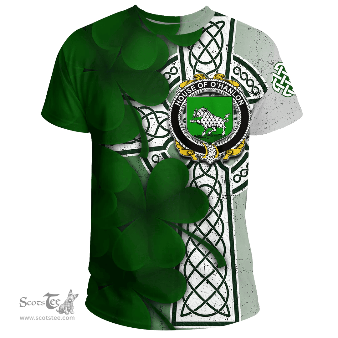 ScotsTee Shop Irish House of O HANLON Coat of Arms Irish Family Crest T Shirt Irish Shamrock Celtic Cross T Shirt
