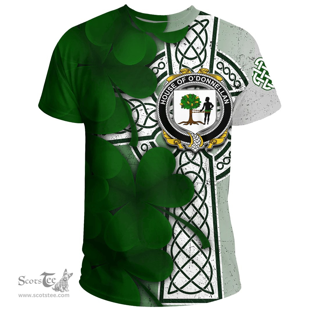 ScotsTee Shop Irish House of O DONNELLAN Coat of Arms Irish Family Crest T Shirt Irish Shamrock Celtic Cross T Shirt