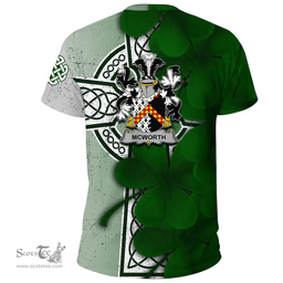 ScotsTee Shop Irish McWorth or MacWorth Coat of Arms Irish Family Crest T Shirt Irish Shamrock Celtic Cross T Shirt