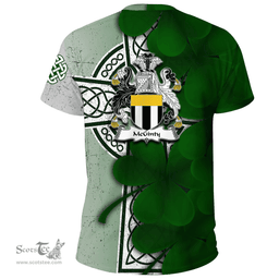 ScotsTee Shop Irish McGinty Coat of Arms Irish Family Crest T Shirt Irish Shamrock Celtic Cross T Shirt