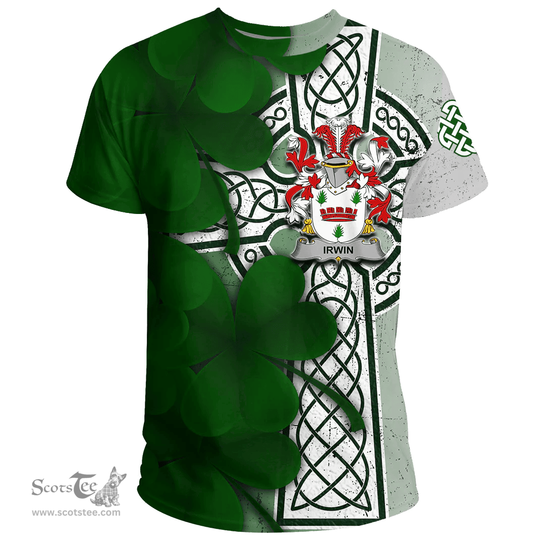 ScotsTee Shop Irish Irwin Coat of Arms Irish Family Crest T Shirt Irish Shamrock Celtic Cross T Shirt