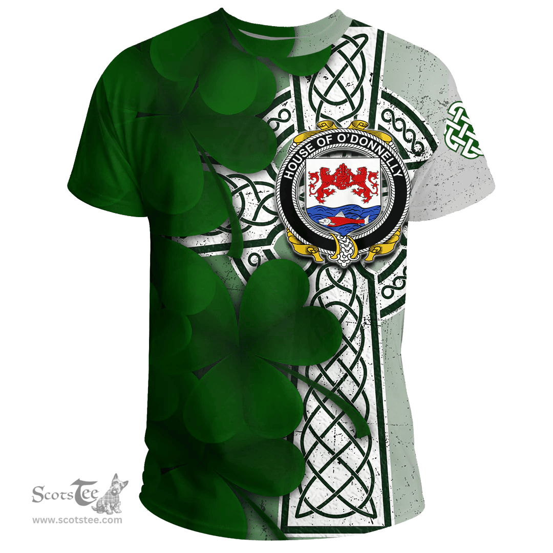 ScotsTee Shop Irish House of O DONNELLY Coat of Arms Irish Family Crest T Shirt Irish Shamrock Celtic Cross T Shirt