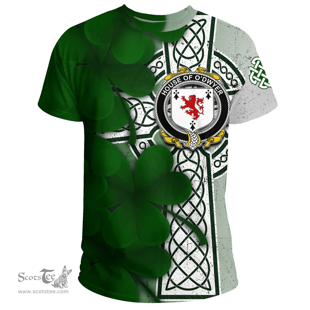 ScotsTee Shop Irish House of O DWYER Coat of Arms Irish Family Crest T Shirt Irish Shamrock Celtic Cross T Shirt