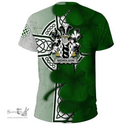ScotsTee Shop Irish Nicholson Coat of Arms Irish Family Crest T Shirt Irish Shamrock Celtic Cross T Shirt