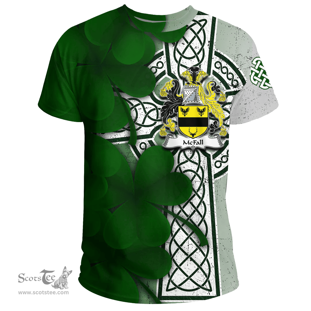 ScotsTee Shop Irish McFall Coat of Arms Irish Family Crest T Shirt Irish Shamrock Celtic Cross T Shirt