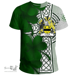 ScotsTee Shop Irish McFall Coat of Arms Irish Family Crest T Shirt Irish Shamrock Celtic Cross T Shirt