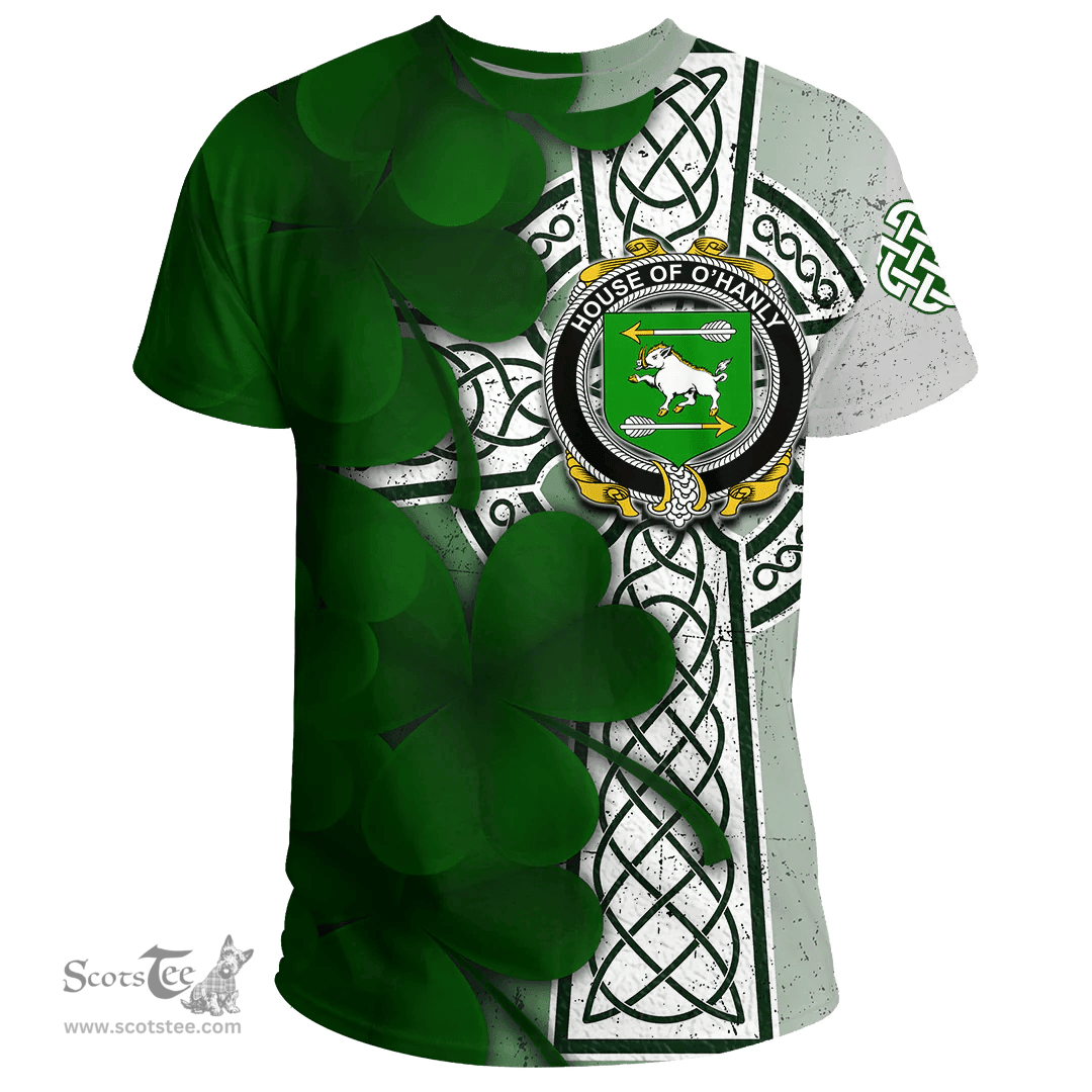 ScotsTee Shop Irish House of O HANLY Coat of Arms Irish Family Crest T Shirt Irish Shamrock Celtic Cross T Shirt