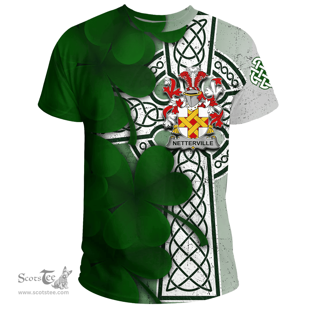 ScotsTee Shop Irish Netterville or Netterfield Coat of Arms Irish Family Crest T Shirt Irish Shamrock Celtic Cross T Shirt
