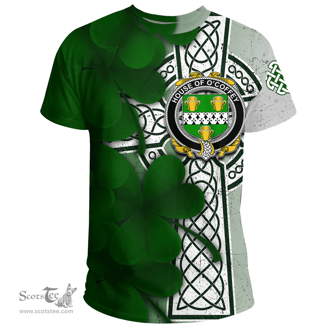 ScotsTee Shop Irish House of O COFFEY Coat of Arms Irish Family Crest T Shirt Irish Shamrock Celtic Cross T Shirt