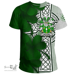 ScotsTee Shop Irish Meldon or Muldoon Coat of Arms Irish Family Crest T Shirt Irish Shamrock Celtic Cross T Shirt