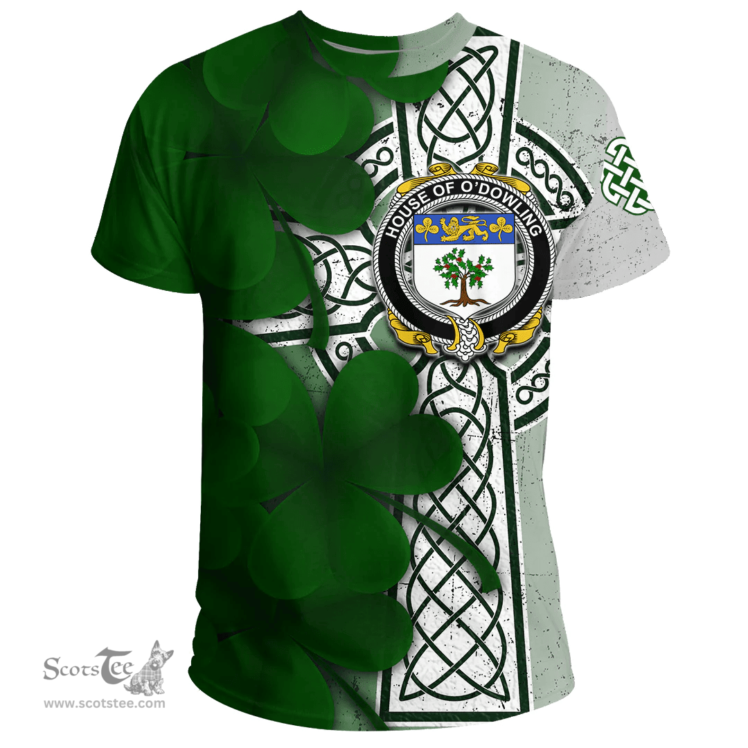ScotsTee Shop Irish House of O DOWLING Coat of Arms Irish Family Crest T Shirt Irish Shamrock Celtic Cross T Shirt