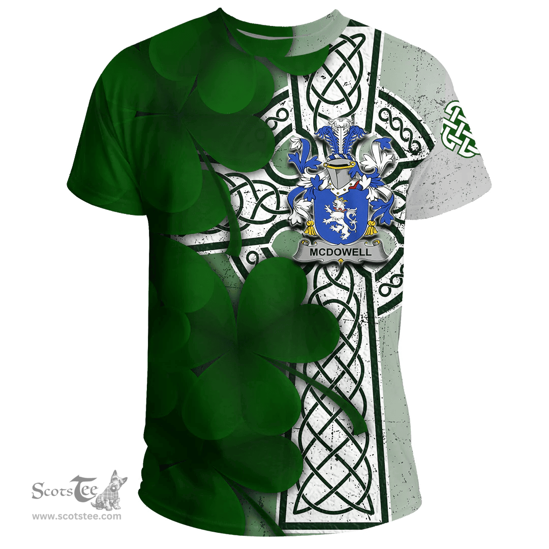 ScotsTee Shop Irish McDowell Coat of Arms Irish Family Crest T Shirt Irish Shamrock Celtic Cross T Shirt