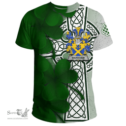 ScotsTee Shop Irish Markham Coat of Arms Irish Family Crest T Shirt Irish Shamrock Celtic Cross T Shirt