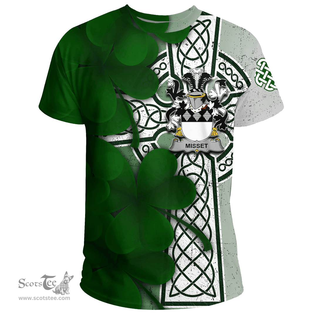 ScotsTee Shop Irish Misset Coat of Arms Irish Family Crest T Shirt Irish Shamrock Celtic Cross T Shirt