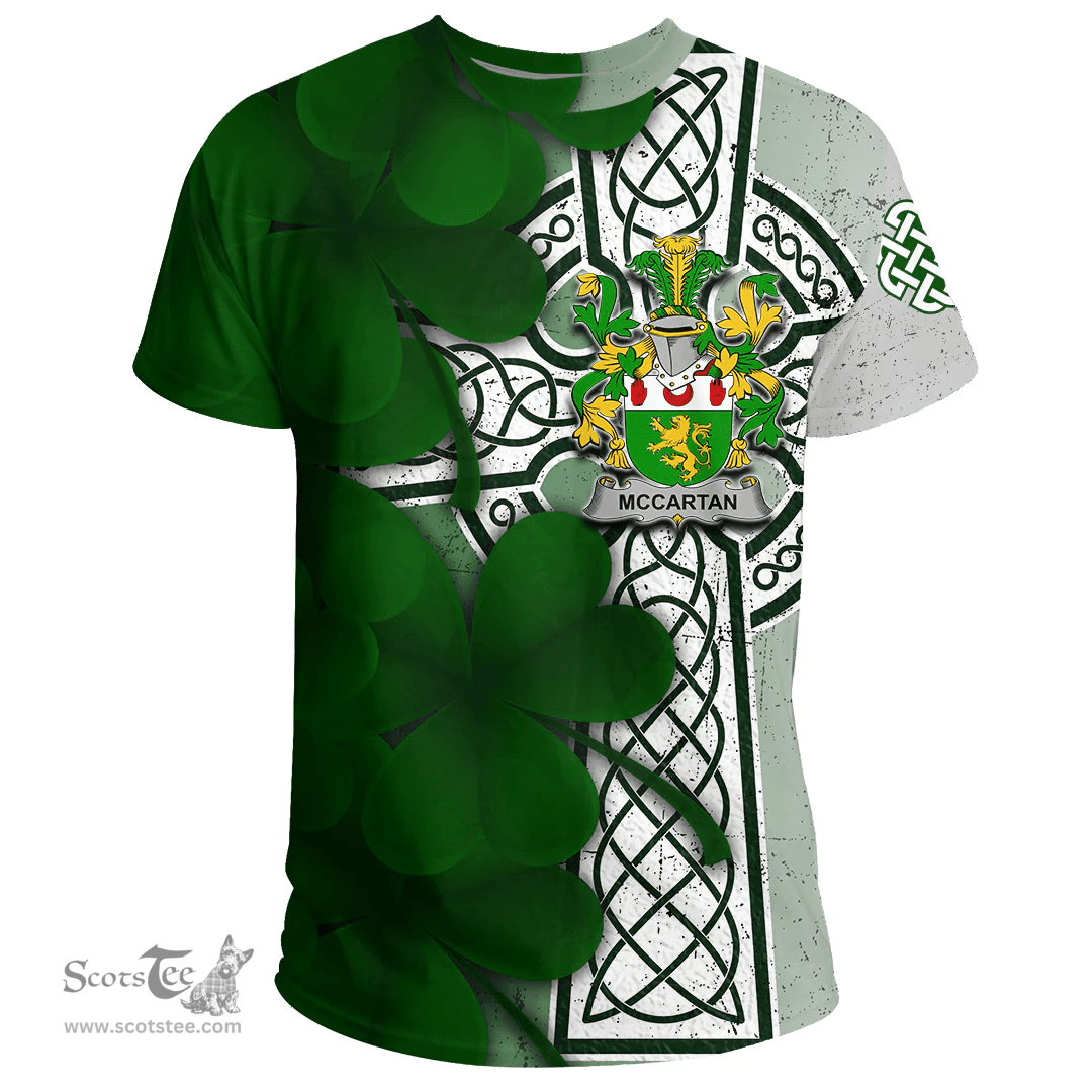 ScotsTee Shop Irish McCartan Coat of Arms Irish Family Crest T Shirt Irish Shamrock Celtic Cross T Shirt