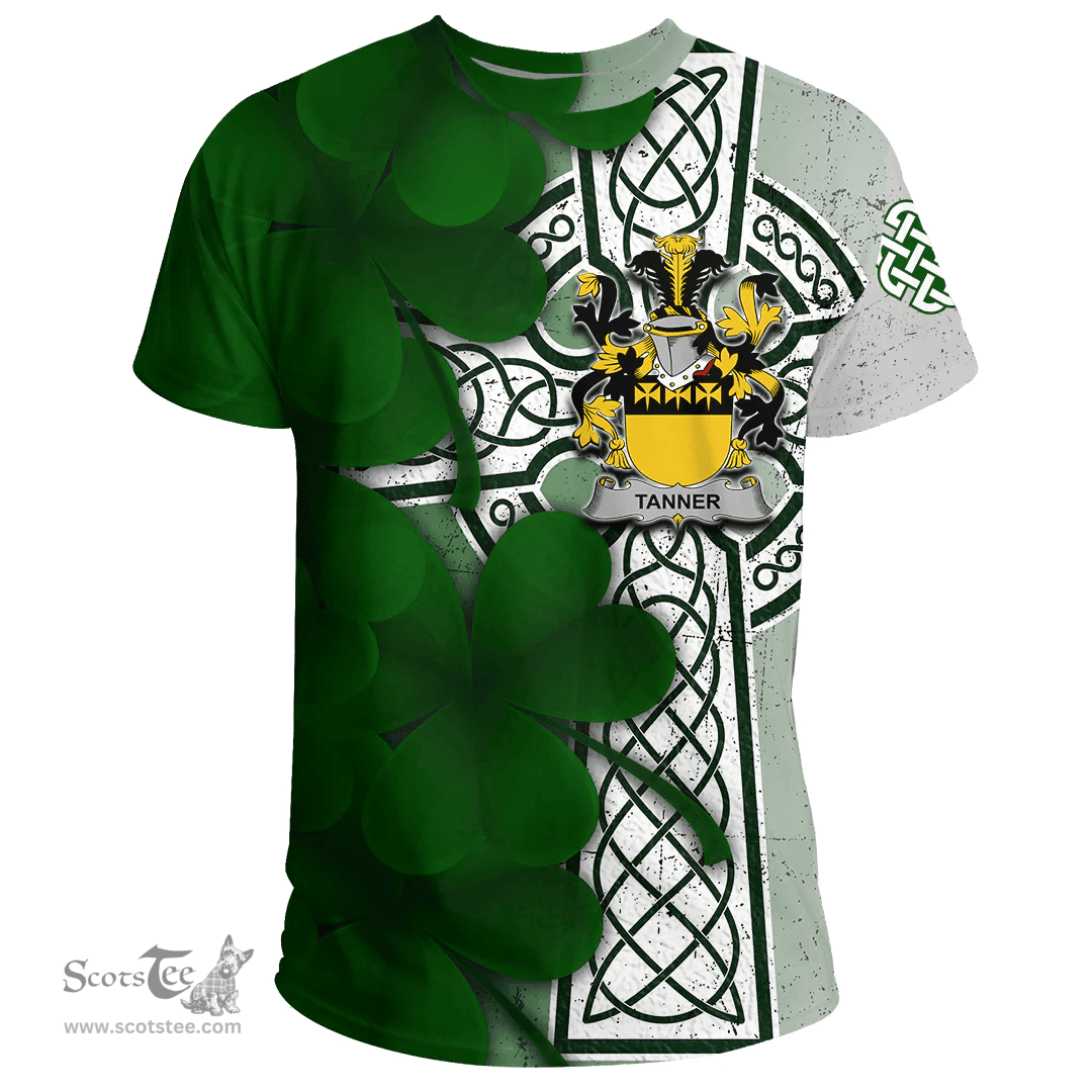ScotsTee Shop Irish Tanner Coat of Arms Irish Family Crest T Shirt Irish Shamrock Celtic Cross T Shirt