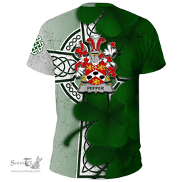 ScotsTee Shop Irish Pepper Coat of Arms Irish Family Crest T Shirt Irish Shamrock Celtic Cross T Shirt