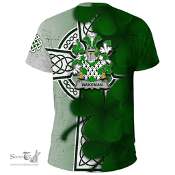 ScotsTee Shop Irish Wakeman Coat of Arms Irish Family Crest T Shirt Irish Shamrock Celtic Cross T Shirt