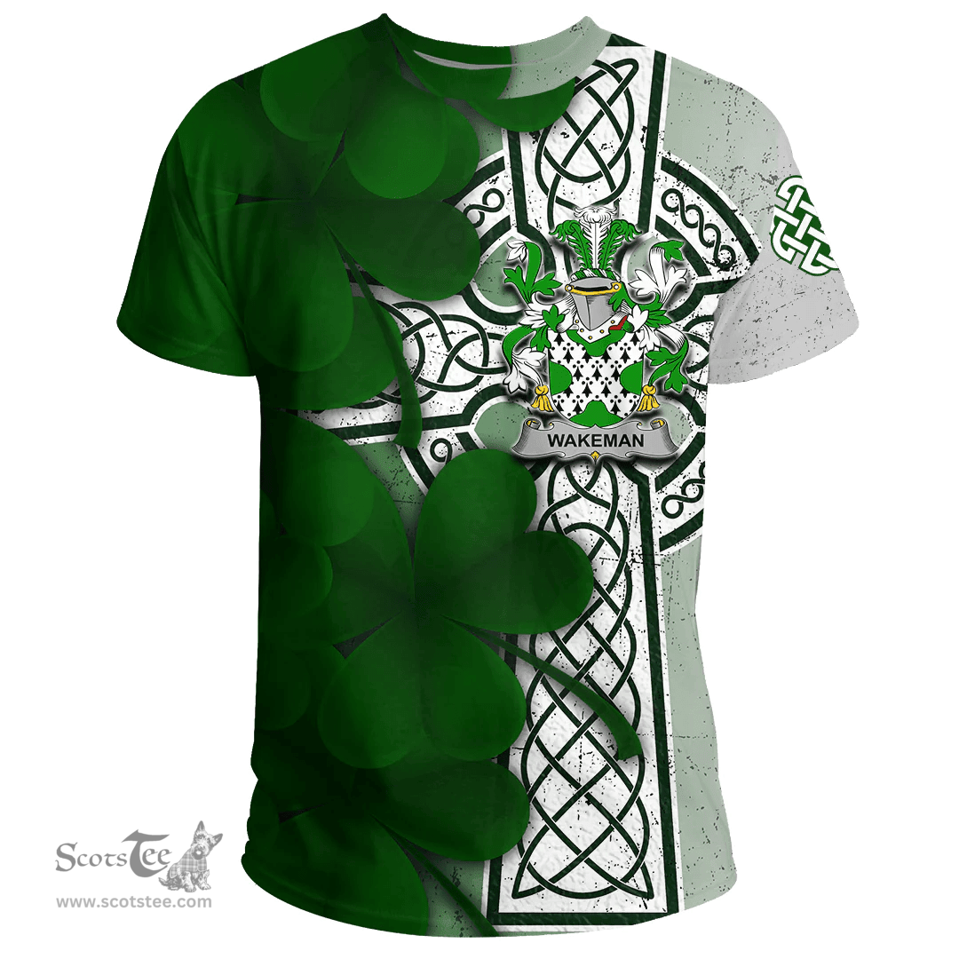 ScotsTee Shop Irish Wakeman Coat of Arms Irish Family Crest T Shirt Irish Shamrock Celtic Cross T Shirt