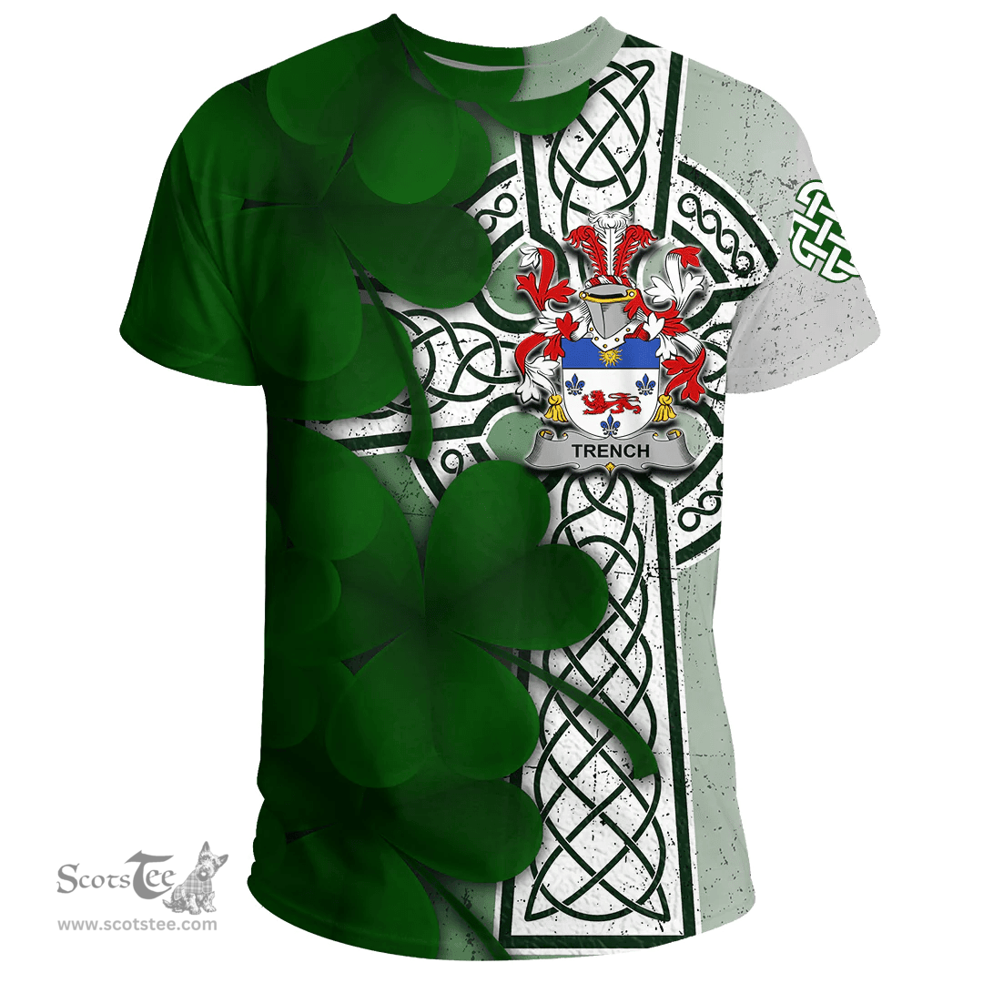 ScotsTee Shop Irish Trench Coat of Arms Irish Family Crest T Shirt Irish Shamrock Celtic Cross T Shirt