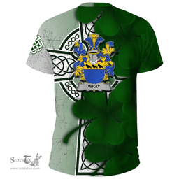 ScotsTee Shop Irish Wray Coat of Arms Irish Family Crest T Shirt Irish Shamrock Celtic Cross T Shirt