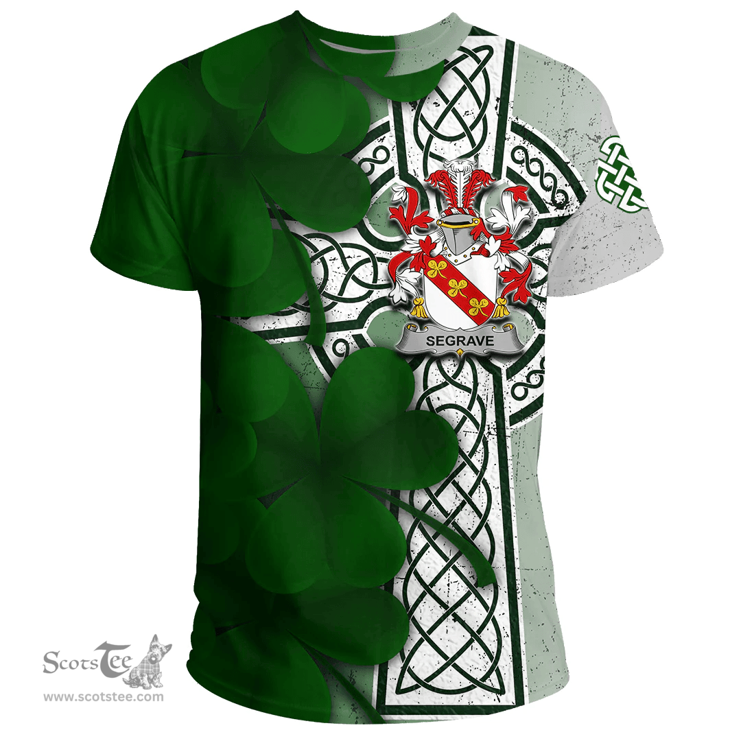 ScotsTee Shop Irish Segrave Coat of Arms Irish Family Crest T Shirt Irish Shamrock Celtic Cross T Shirt