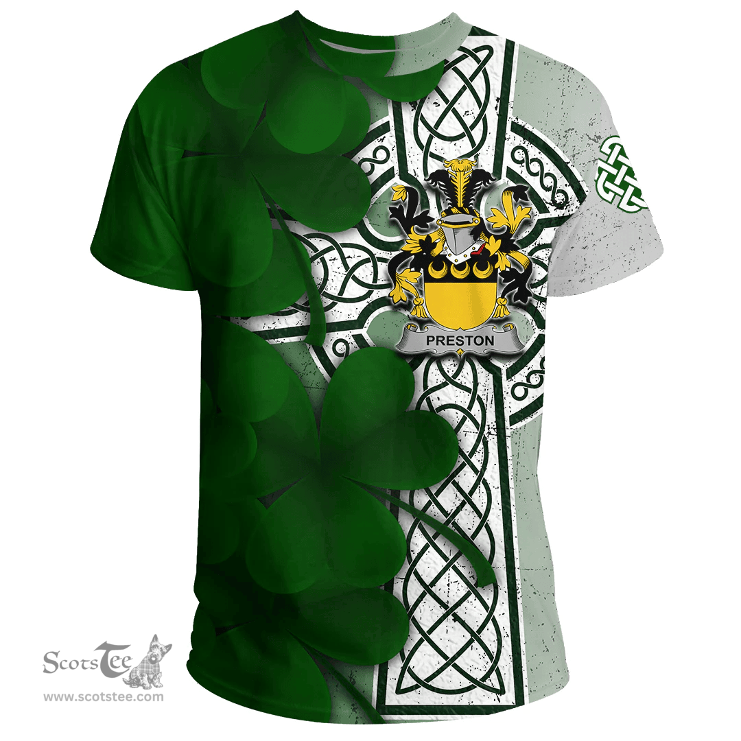 ScotsTee Shop Irish Preston Coat of Arms Irish Family Crest T Shirt Irish Shamrock Celtic Cross T Shirt