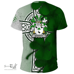 ScotsTee Shop Irish Sharkey or O Sharkey Coat of Arms Irish Family Crest T Shirt Irish Shamrock Celtic Cross T Shirt