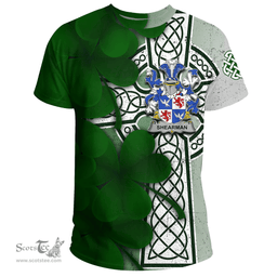 ScotsTee Shop Irish Shearman Coat of Arms Irish Family Crest T Shirt Irish Shamrock Celtic Cross T Shirt