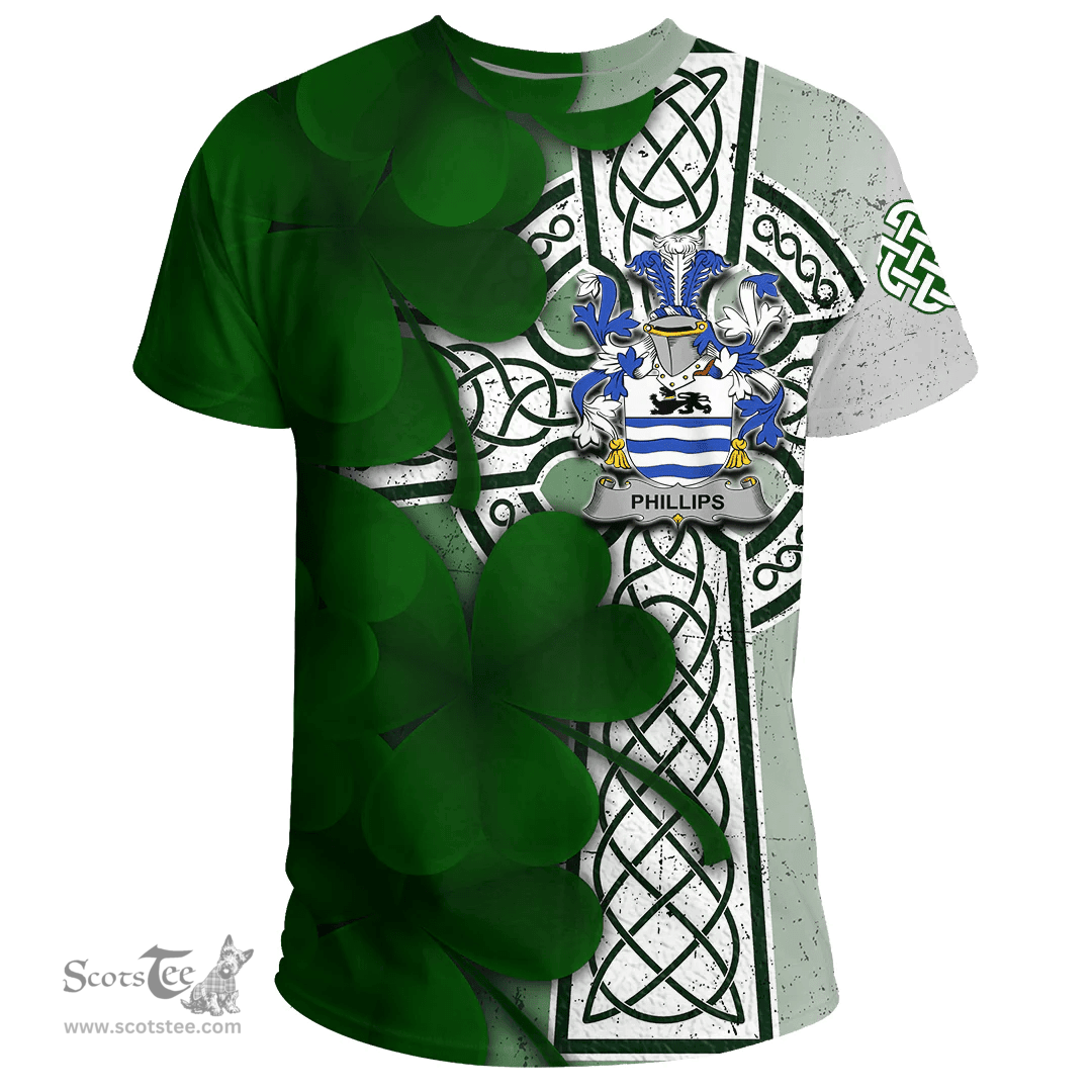 ScotsTee Shop Irish Phillips Coat of Arms Irish Family Crest T Shirt Irish Shamrock Celtic Cross T Shirt