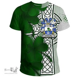 ScotsTee Shop Irish Woulfe Coat of Arms Irish Family Crest T Shirt Irish Shamrock Celtic Cross T Shirt
