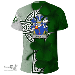 ScotsTee Shop Irish Turnly or Turnley Coat of Arms Irish Family Crest T Shirt Irish Shamrock Celtic Cross T Shirt