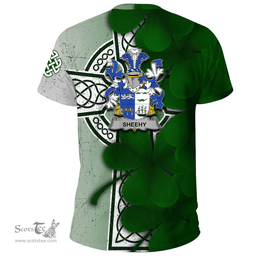 ScotsTee Shop Irish Sheehy or McSheehy Coat of Arms Irish Family Crest T Shirt Irish Shamrock Celtic Cross T Shirt