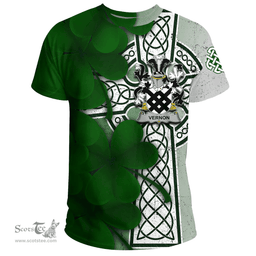 ScotsTee Shop Irish Vernon Coat of Arms Irish Family Crest T Shirt Irish Shamrock Celtic Cross T Shirt