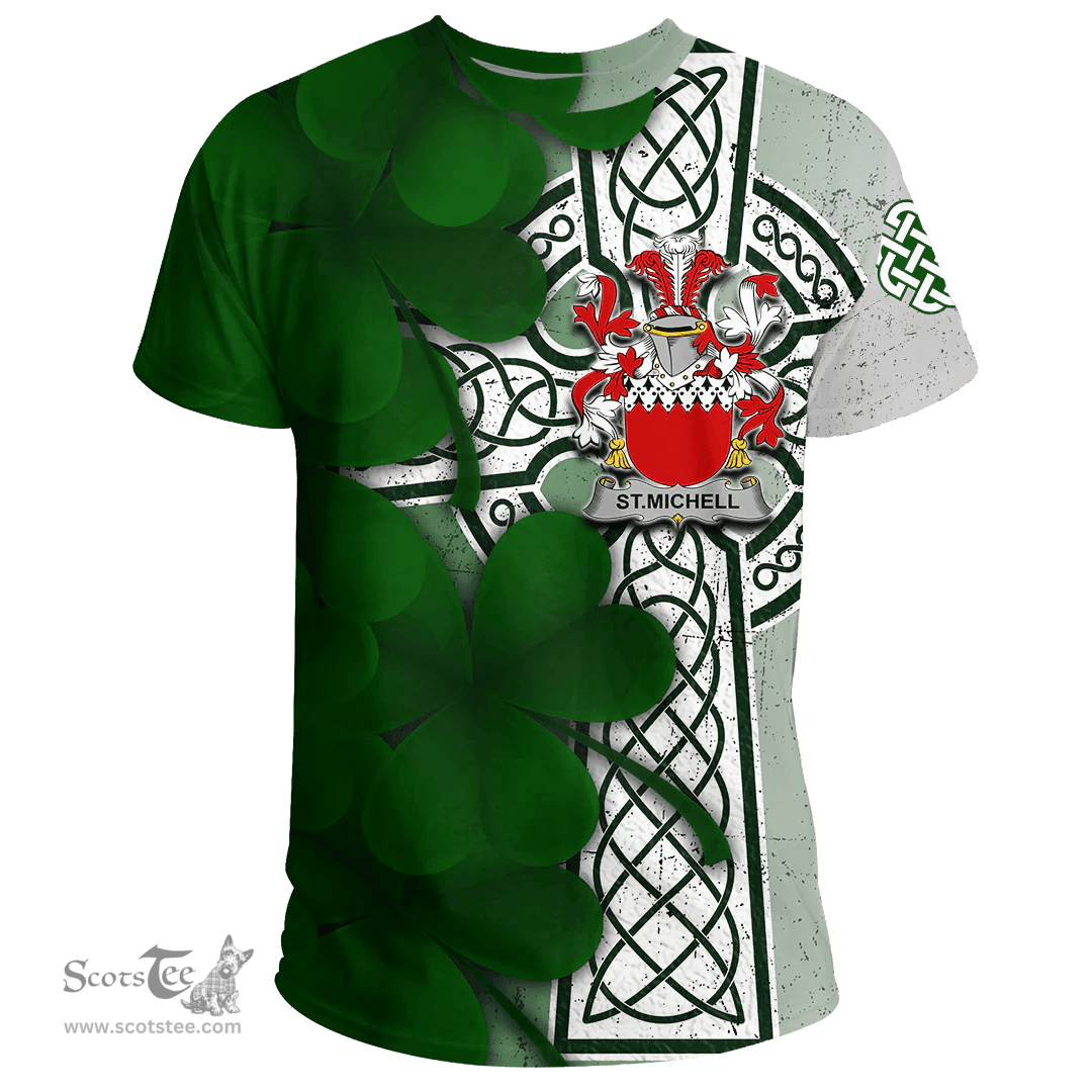 ScotsTee Shop Irish St.Michell Coat of Arms Irish Family Crest T Shirt Irish Shamrock Celtic Cross T Shirt