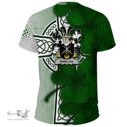 ScotsTee Shop Irish Rawlins Coat of Arms Irish Family Crest T Shirt Irish Shamrock Celtic Cross T Shirt