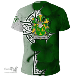 ScotsTee Shop Irish Rotheram Coat of Arms Irish Family Crest T Shirt Irish Shamrock Celtic Cross T Shirt