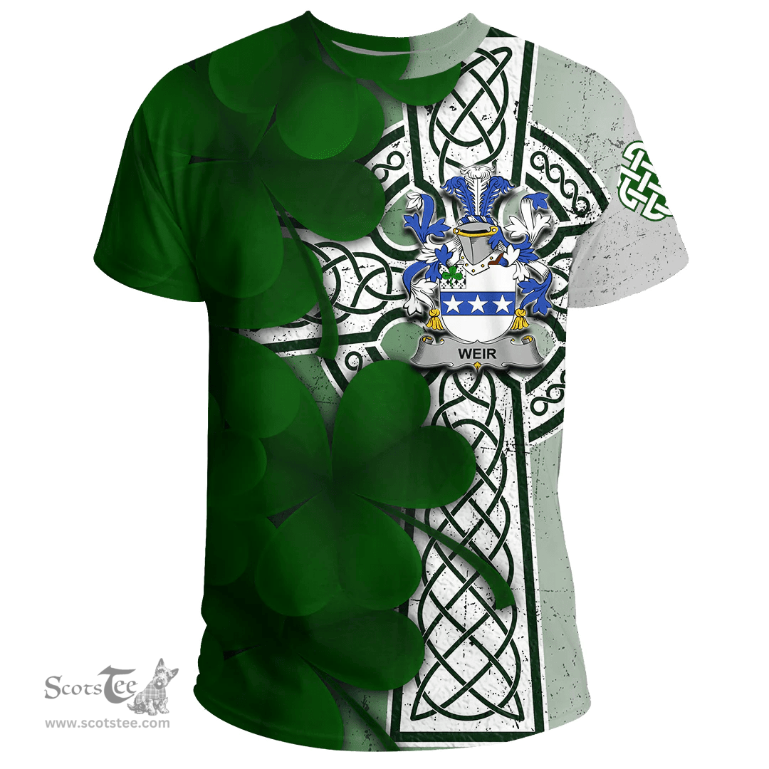 ScotsTee Shop Irish Weir or McWeir Coat of Arms Irish Family Crest T Shirt Irish Shamrock Celtic Cross T Shirt