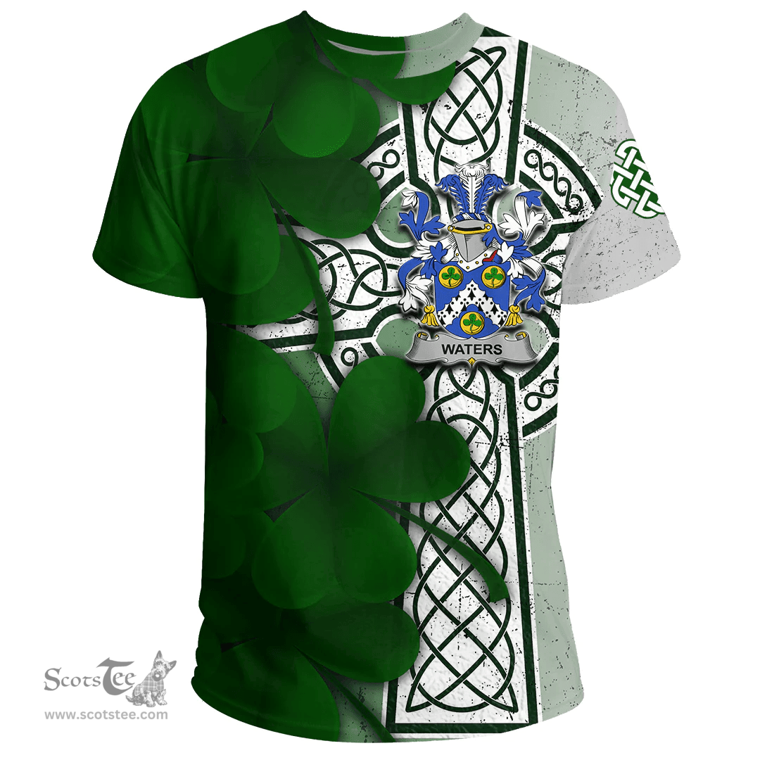 ScotsTee Shop Irish Waters Coat of Arms Irish Family Crest T Shirt Irish Shamrock Celtic Cross T Shirt