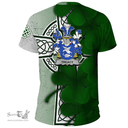 ScotsTee Shop Irish Treacy or Tracy Coat of Arms Irish Family Crest T Shirt Irish Shamrock Celtic Cross T Shirt
